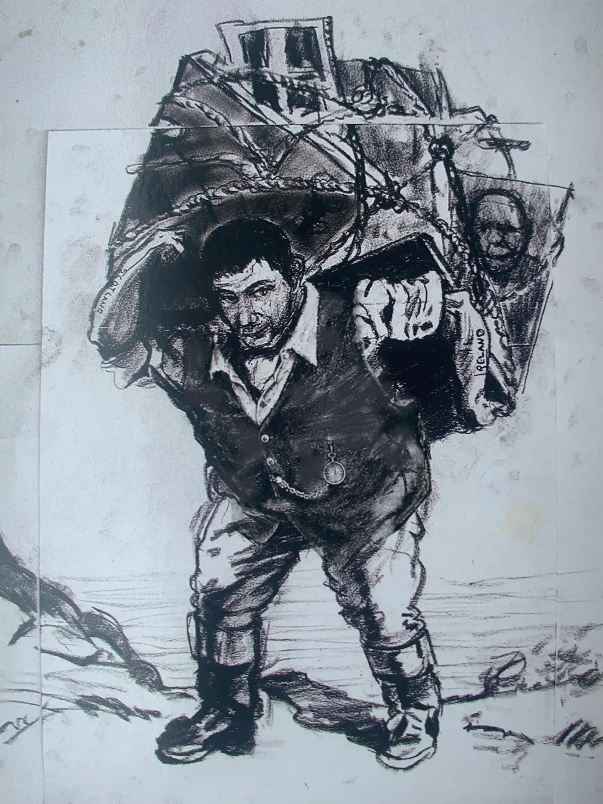 A charcoal drawing of a postman carrying a sack