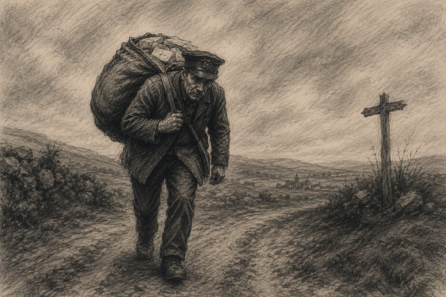 A charcoal drawing of a postman carrying a sack